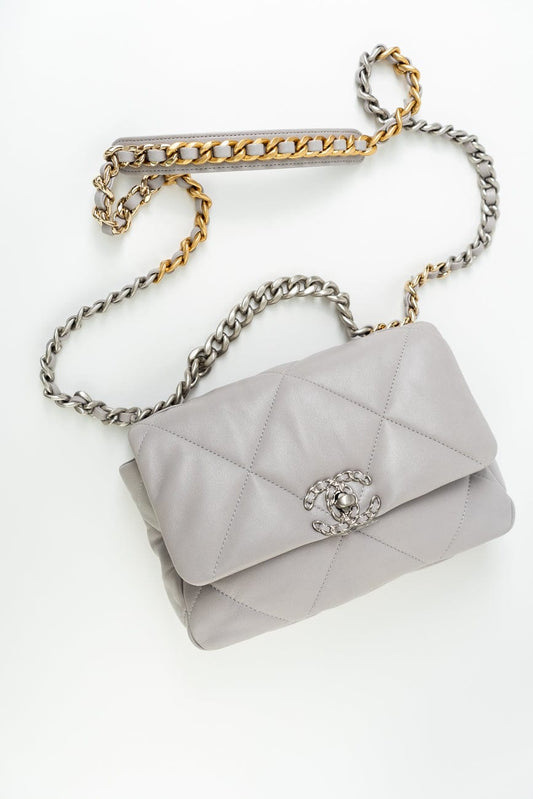 22C Light Grey Lambskin Quilted 19 Flap Small