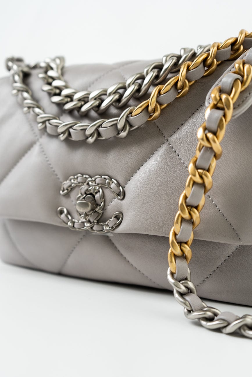 22C Light Grey Lambskin Quilted 19 Flap Small