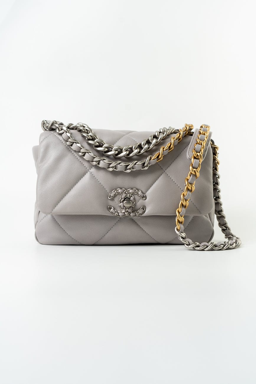 22C Light Grey Lambskin Quilted 19 Flap Small