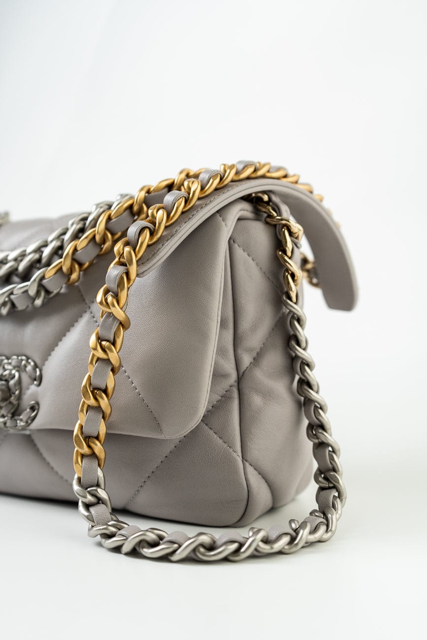 22C Light Grey Lambskin Quilted 19 Flap Small