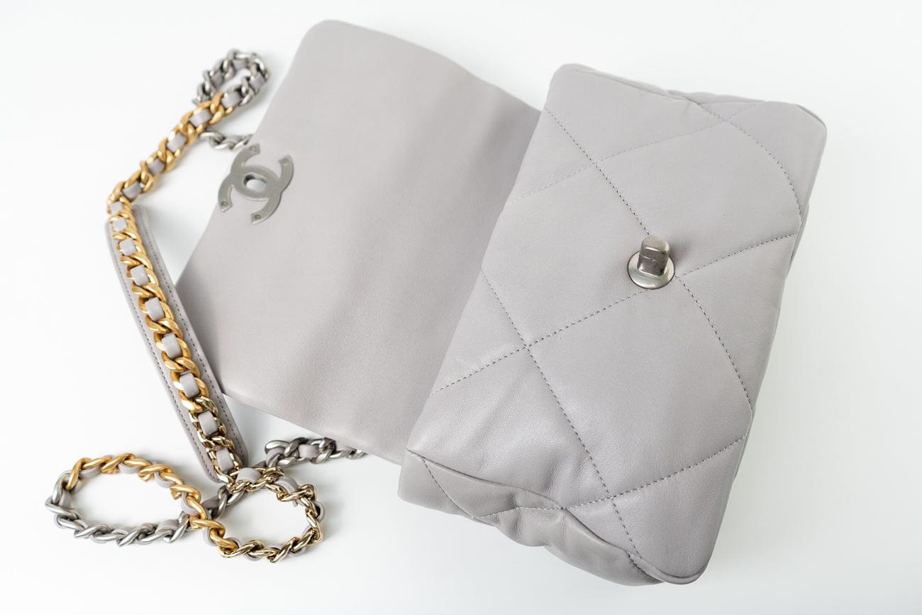 22C Light Grey Lambskin Quilted 19 Flap Small