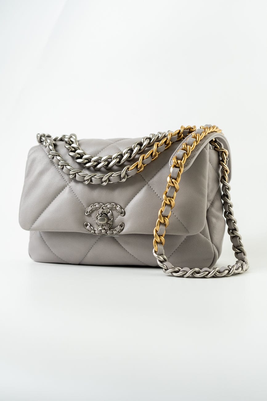 22C Light Grey Lambskin Quilted 19 Flap Small