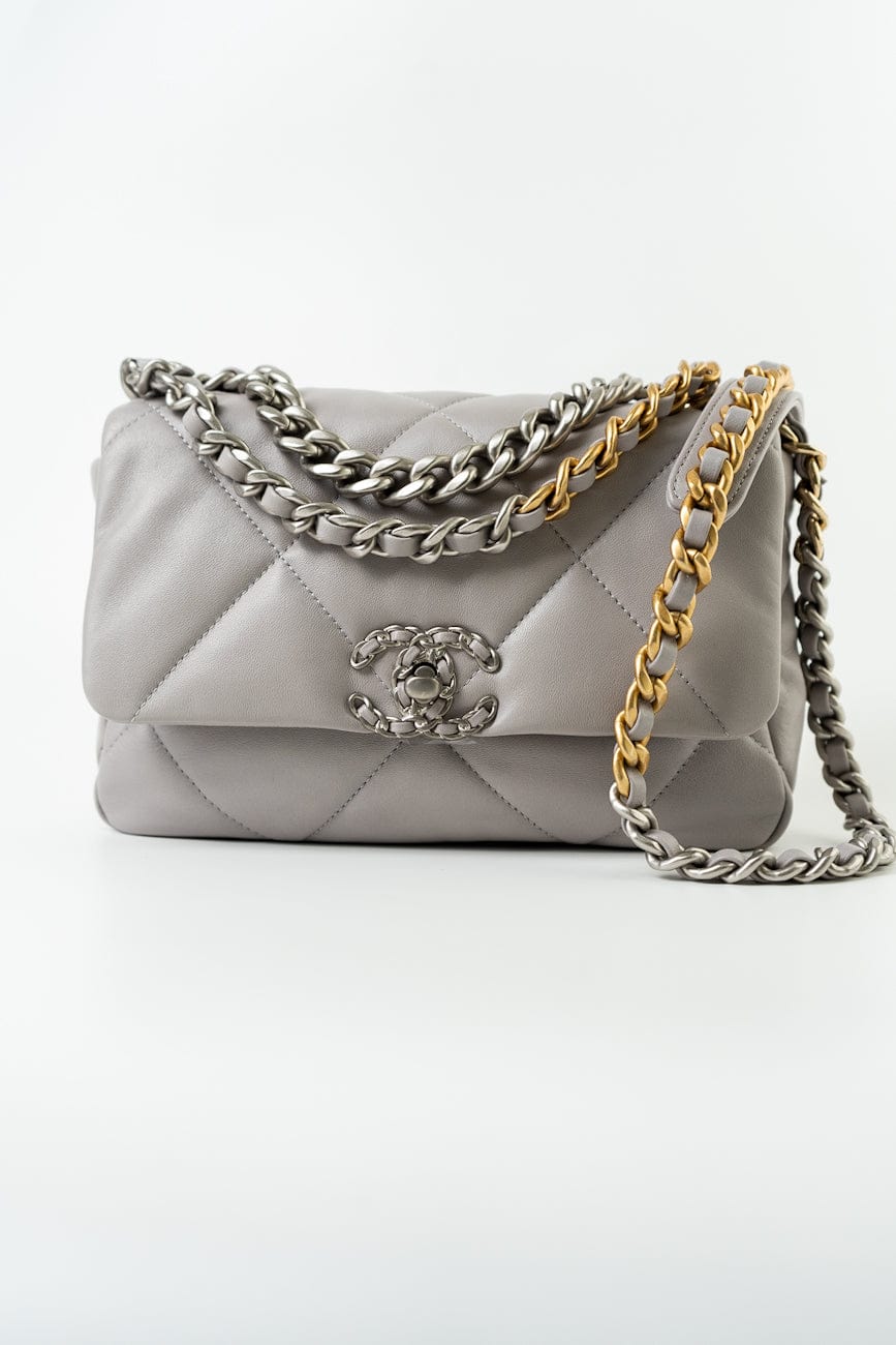 22C Light Grey Lambskin Quilted 19 Flap Small