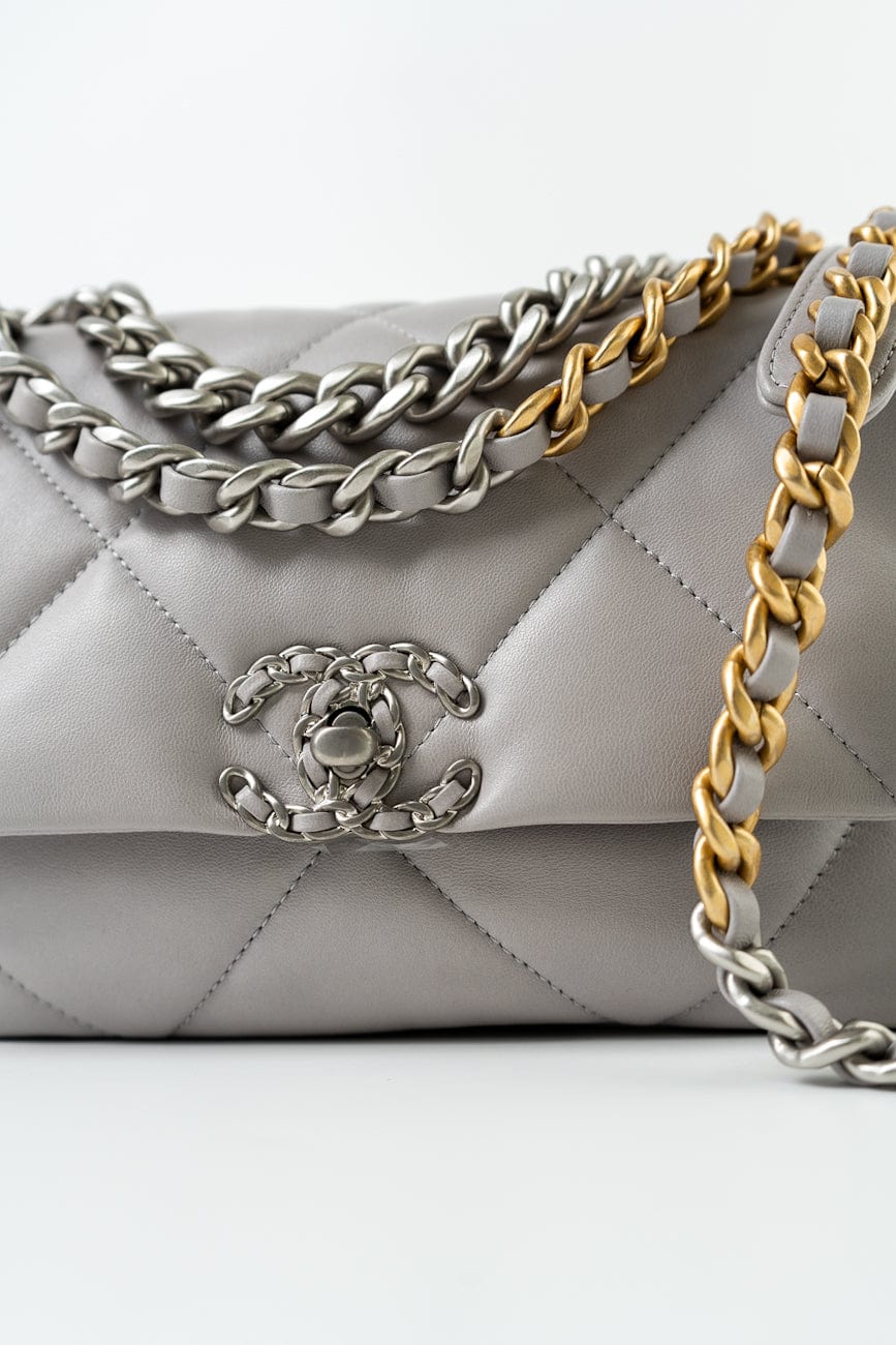 22C Light Grey Lambskin Quilted 19 Flap Small