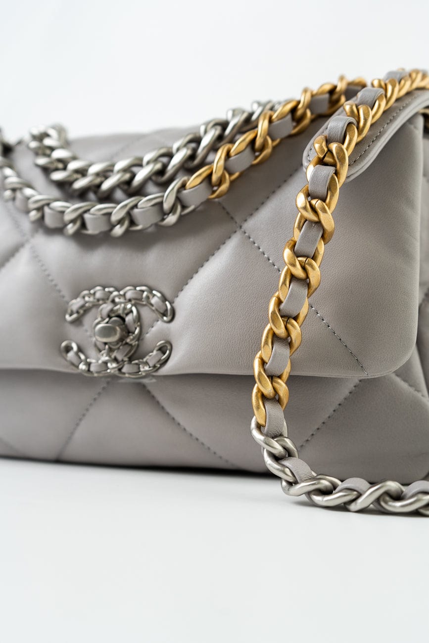 22C Light Grey Lambskin Quilted 19 Flap Small