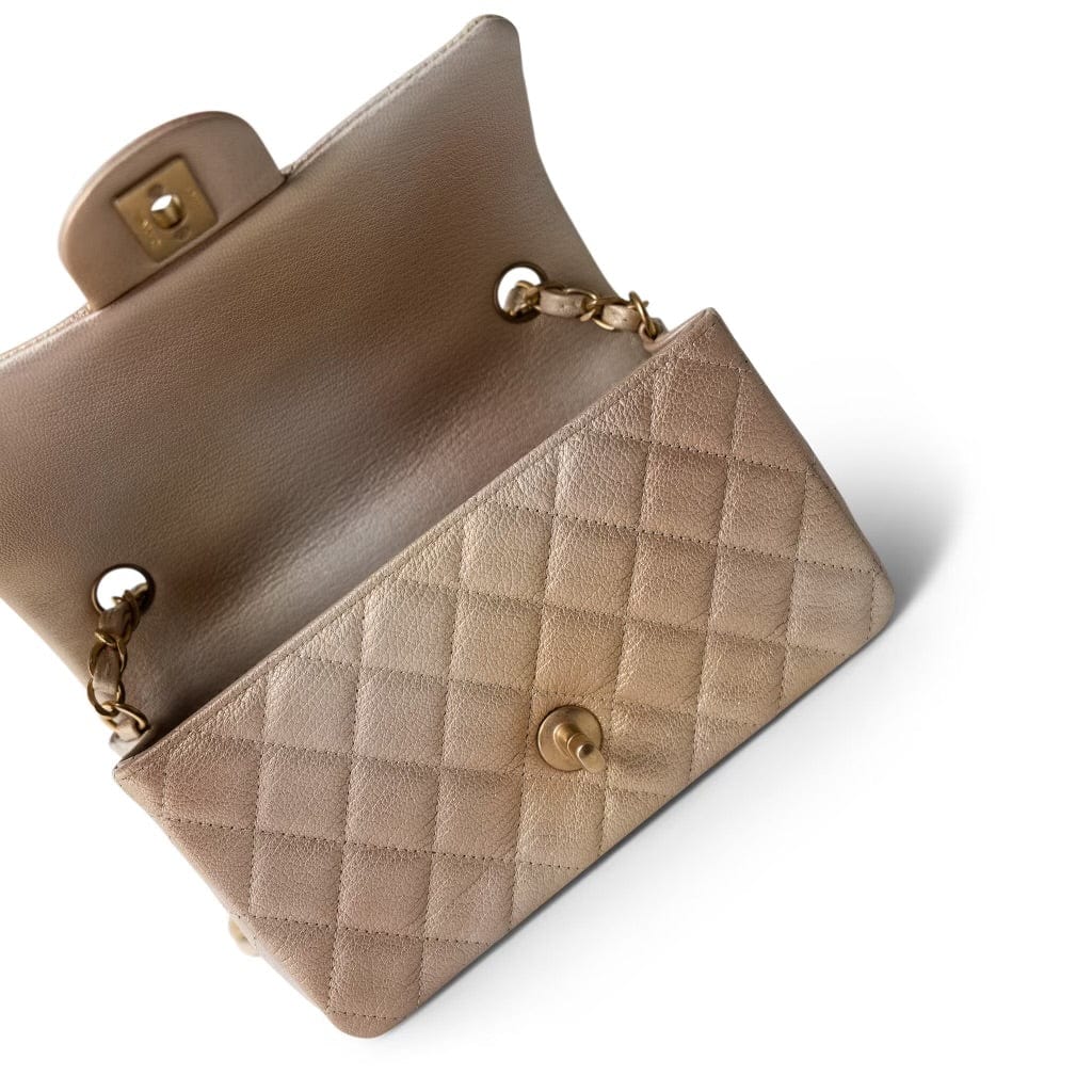 22C Mini Rectangular Flap Goatskin Quilted Golden Beige Aged Gold Hardware