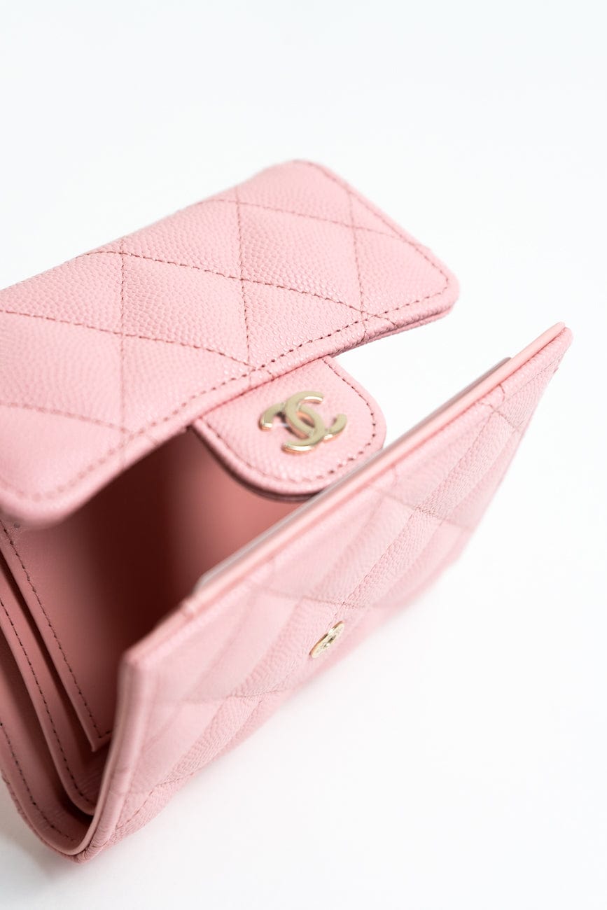 22C Pink Caviar Quilted Flap Wallet Light Gold Hardware