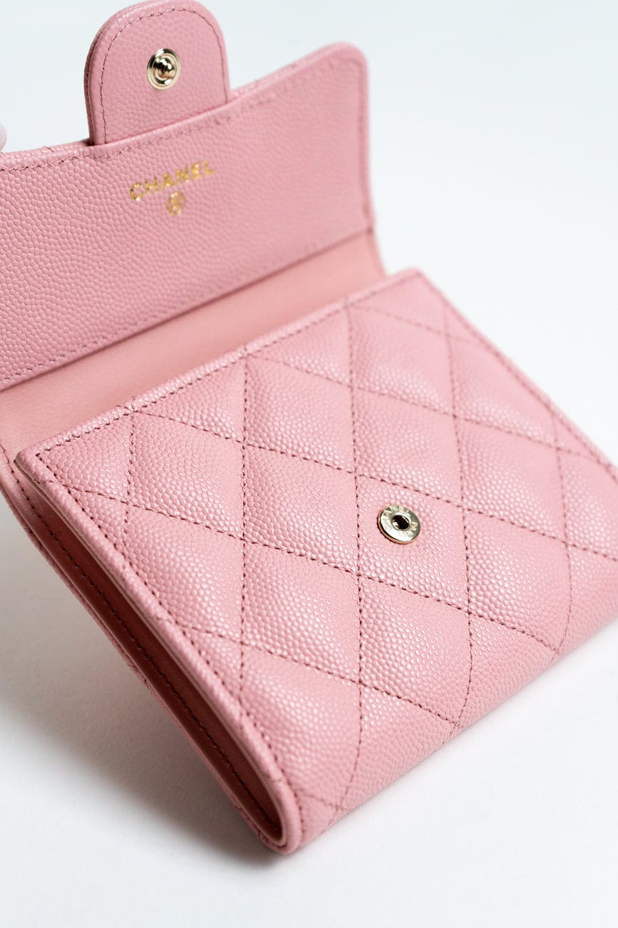 22C Pink Caviar Quilted Flap Wallet Light Gold Hardware