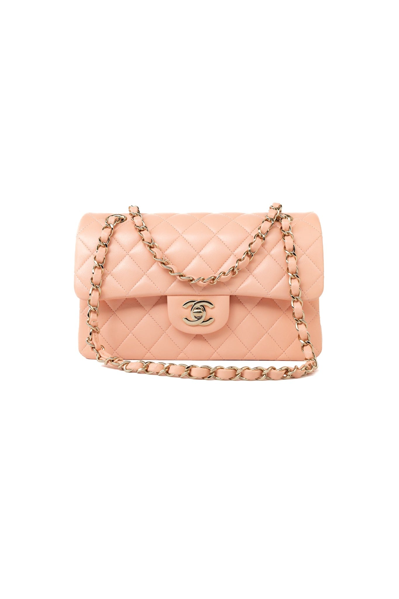 22C Rose Clair Pink/ Beige Lambskin Quilted Small Double Flap Light Gold Hardware