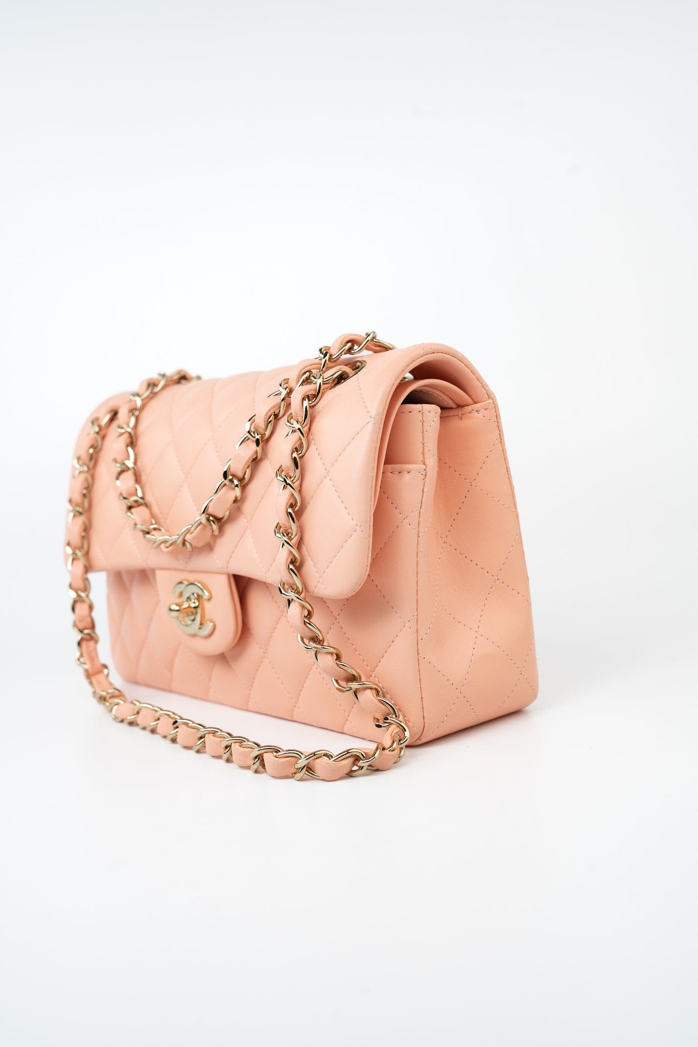 22C Rose Clair Pink/ Beige Lambskin Quilted Small Double Flap Light Gold Hardware