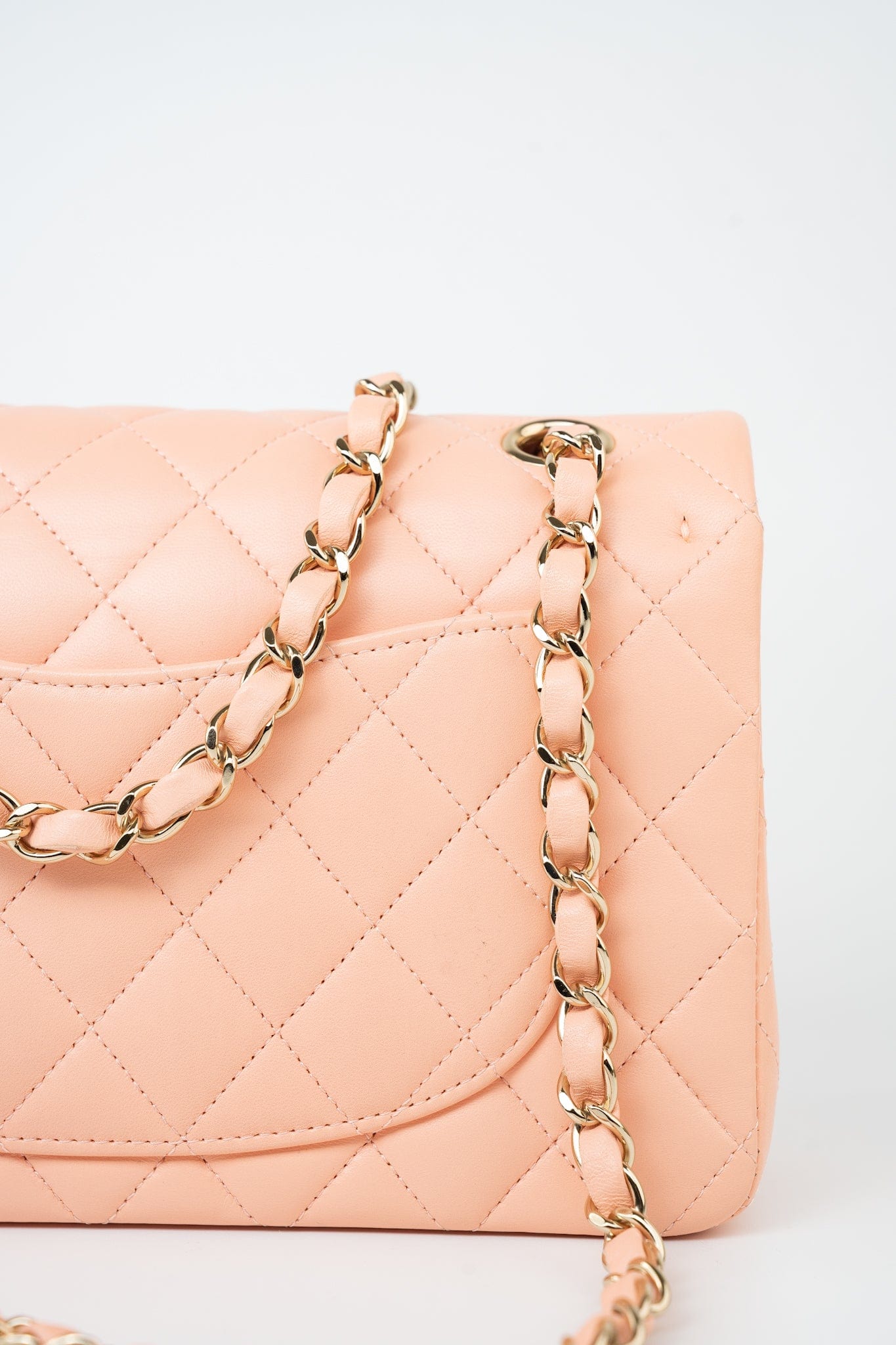 22C Rose Clair Pink/ Beige Lambskin Quilted Small Double Flap Light Gold Hardware