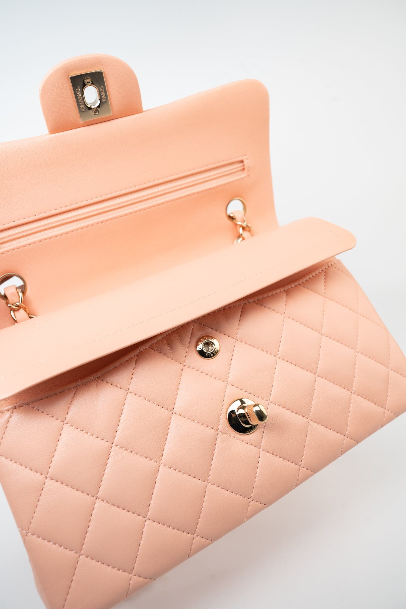 22C Rose Clair Pink/ Beige Lambskin Quilted Small Double Flap Light Gold Hardware