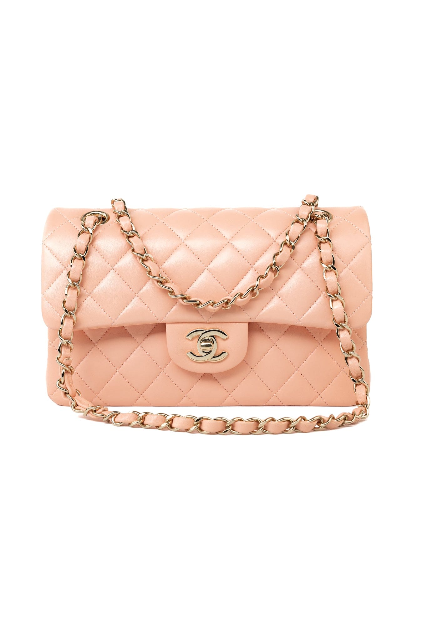 22C Rose Clair Pink/ Beige Lambskin Quilted Small Double Flap Light Gold Hardware
