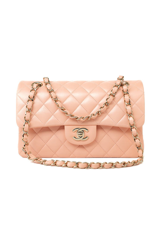 22C Rose Clair Pink/ Beige Lambskin Quilted Small Double Flap Light Gold Hardware