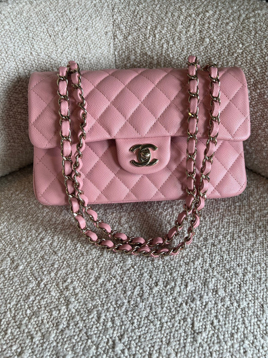 22C Sakura Pink Caviar Quilted Classic Flap Small LGHW