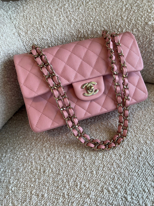 22C Sakura Pink Caviar Quilted Classic Flap Small LGHW