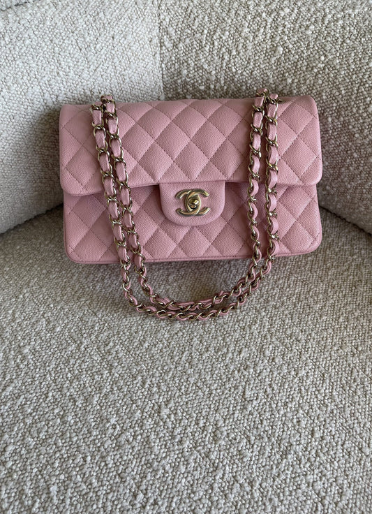 22C Sakura Pink Caviar Quilted Classic Flap Small LGHW