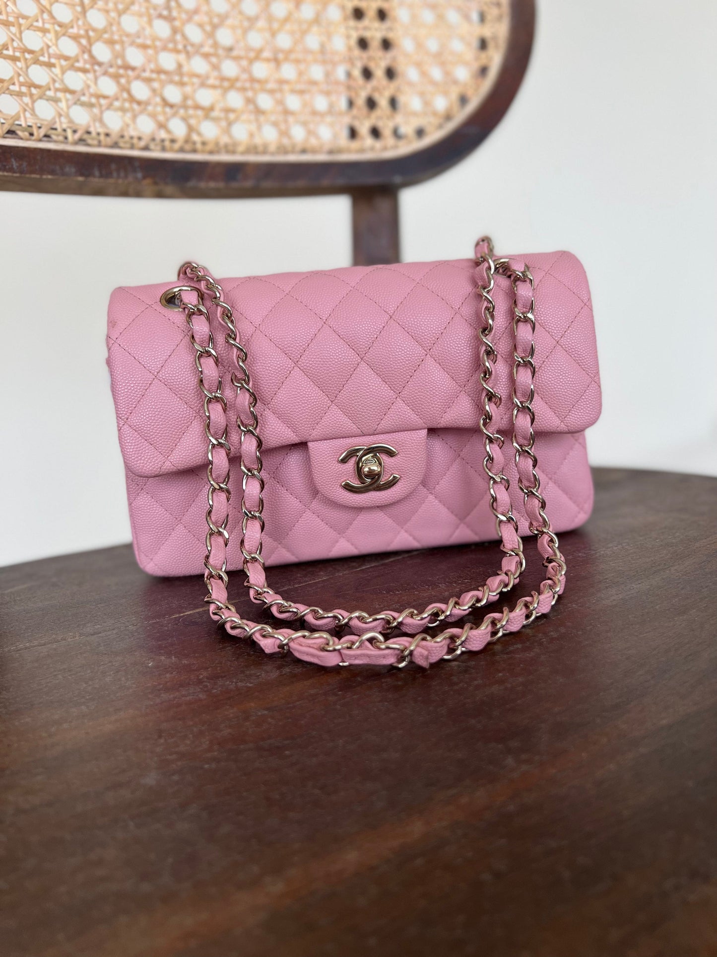 22C Sakura Pink Caviar Quilted Classic Flap Small LGHW