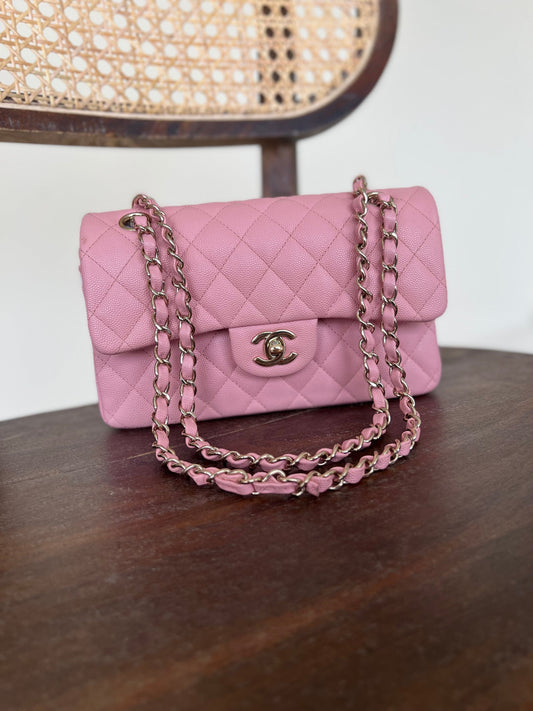 22C Sakura Pink Caviar Quilted Classic Flap Small LGHW