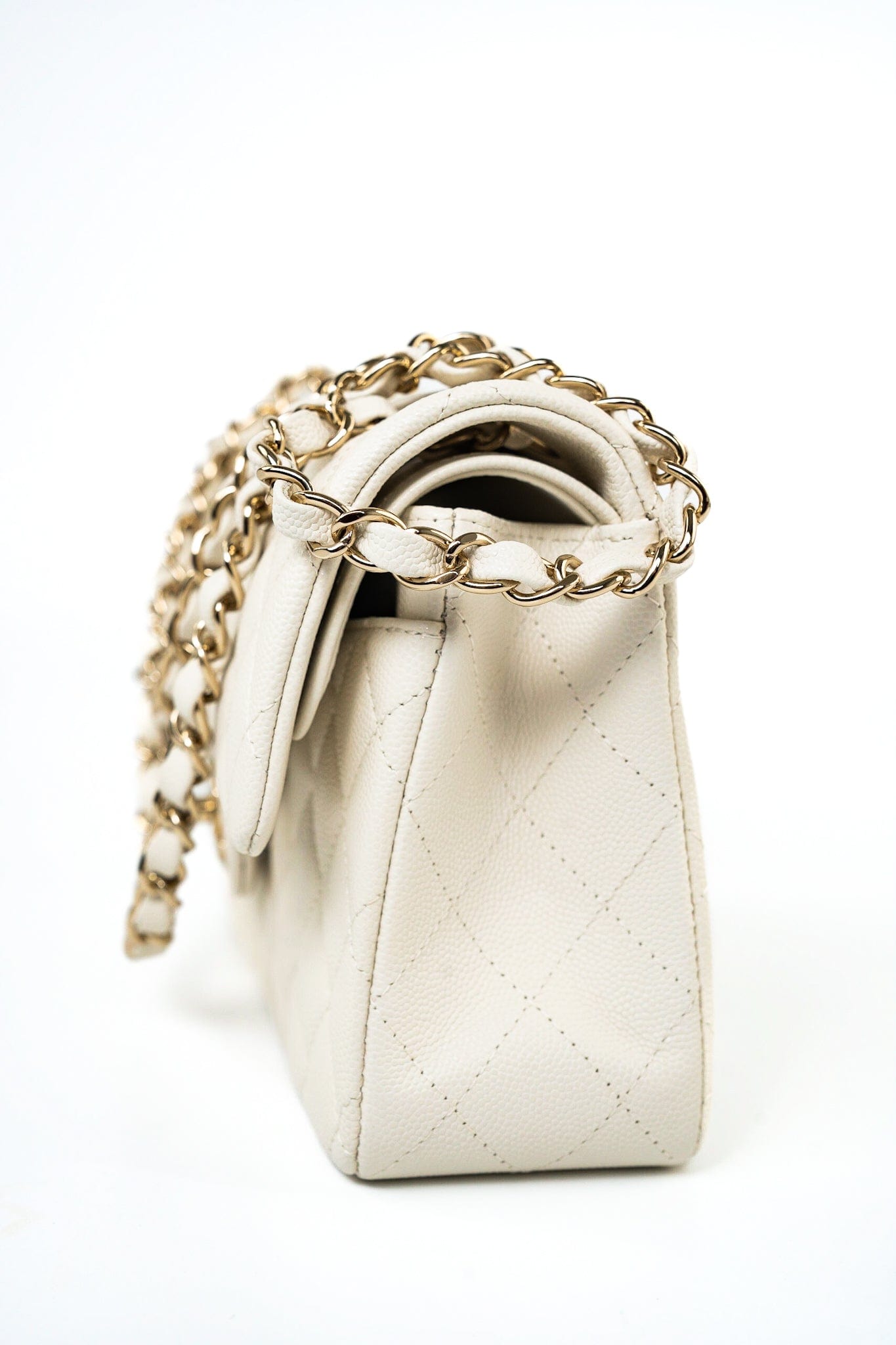 22C White Caviar Quilted Classic Flap Small Light Gold Hardware