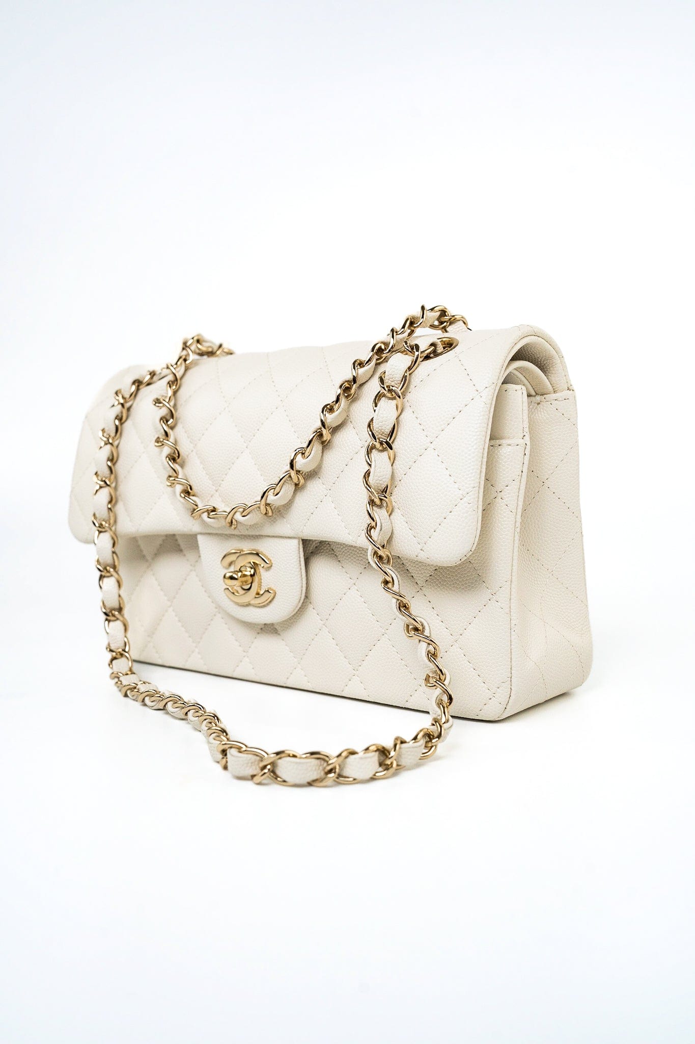 22C White Caviar Quilted Classic Flap Small Light Gold Hardware