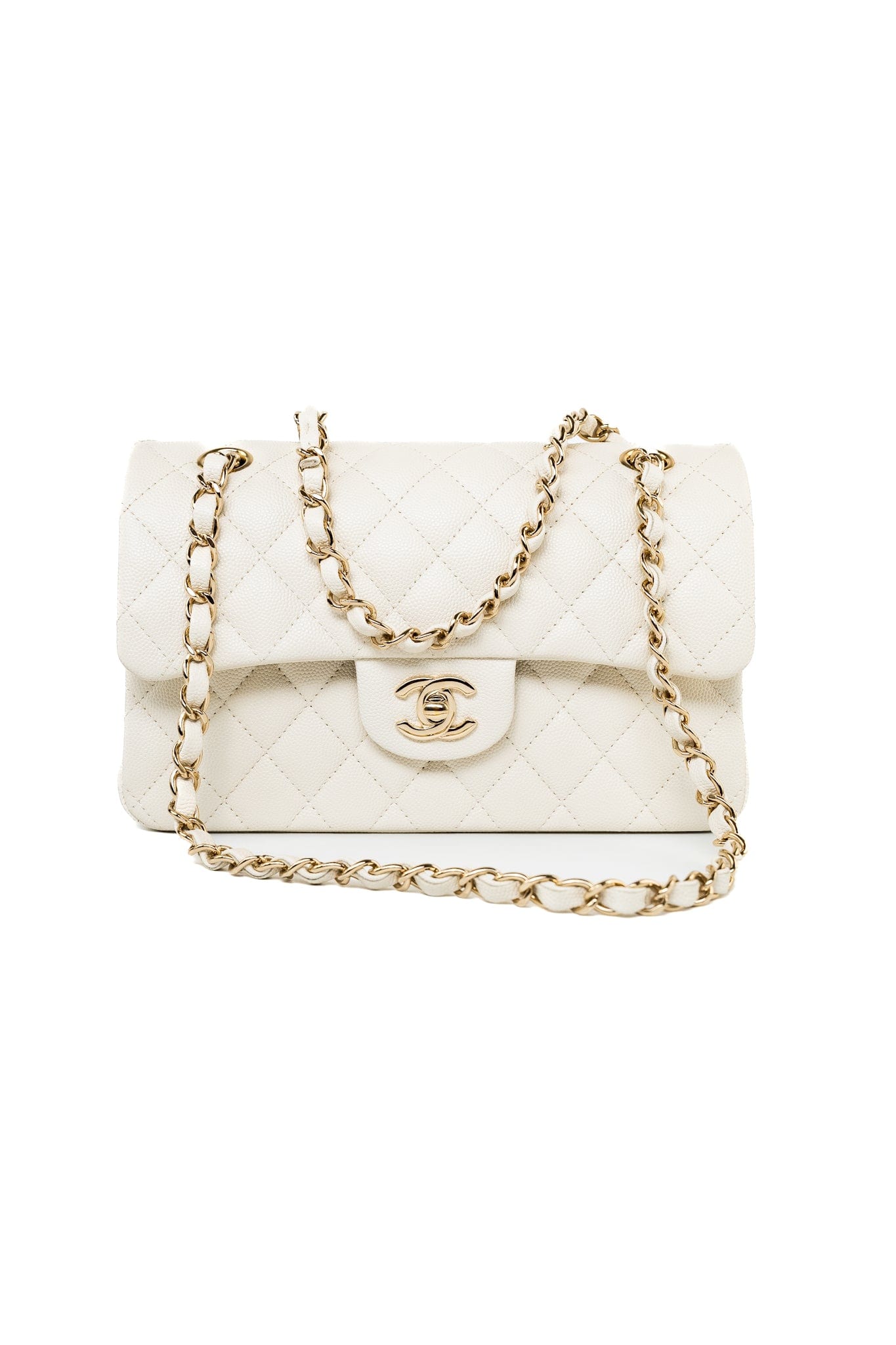 22C White Caviar Quilted Classic Flap Small Light Gold Hardware