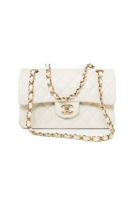 22C White Caviar Quilted Classic Flap Small Light Gold Hardware