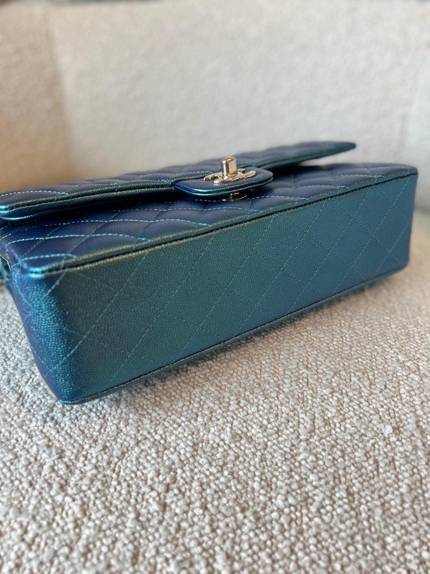 22P Iridescent Green Caviar Quilted Classic Flap Medium Light Gold Hardware