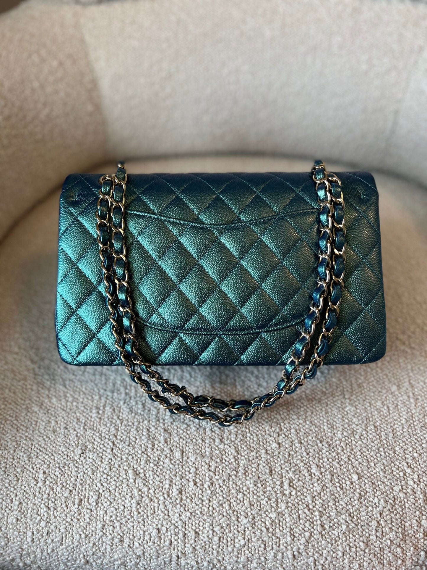 22P Iridescent Green Caviar Quilted Classic Flap Medium Light Gold Hardware