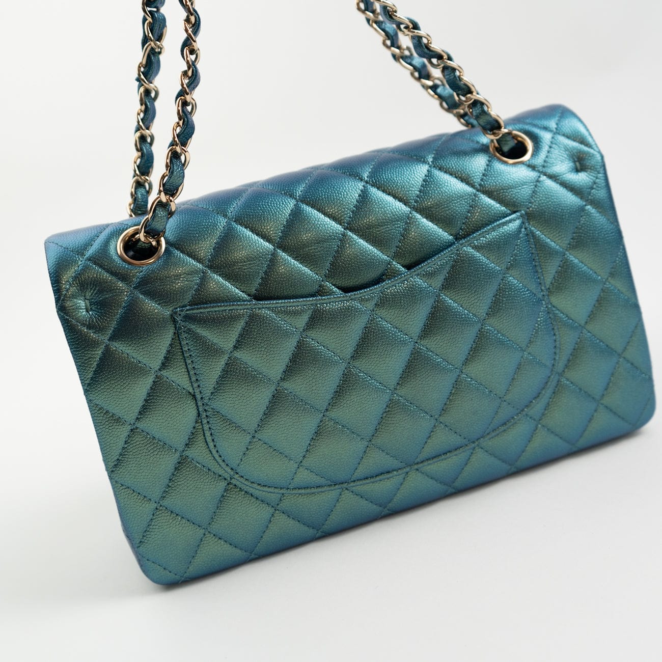 22P Iridescent Green Caviar Quilted Classic Flap Medium Light Gold Hardware