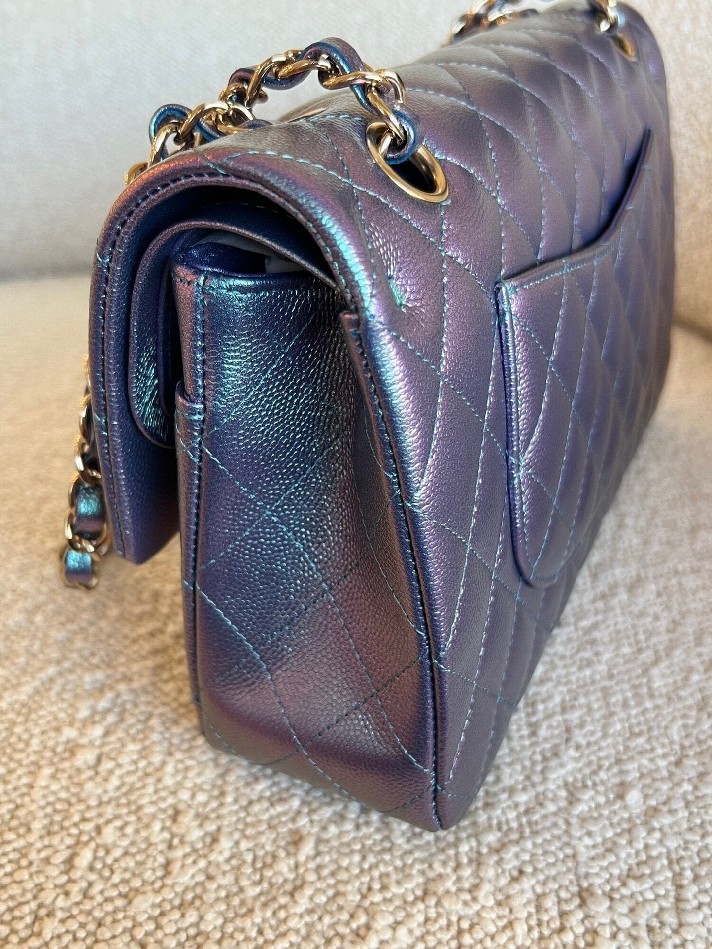 22P Iridescent Purple Caviar Quilted Medium Double Flap