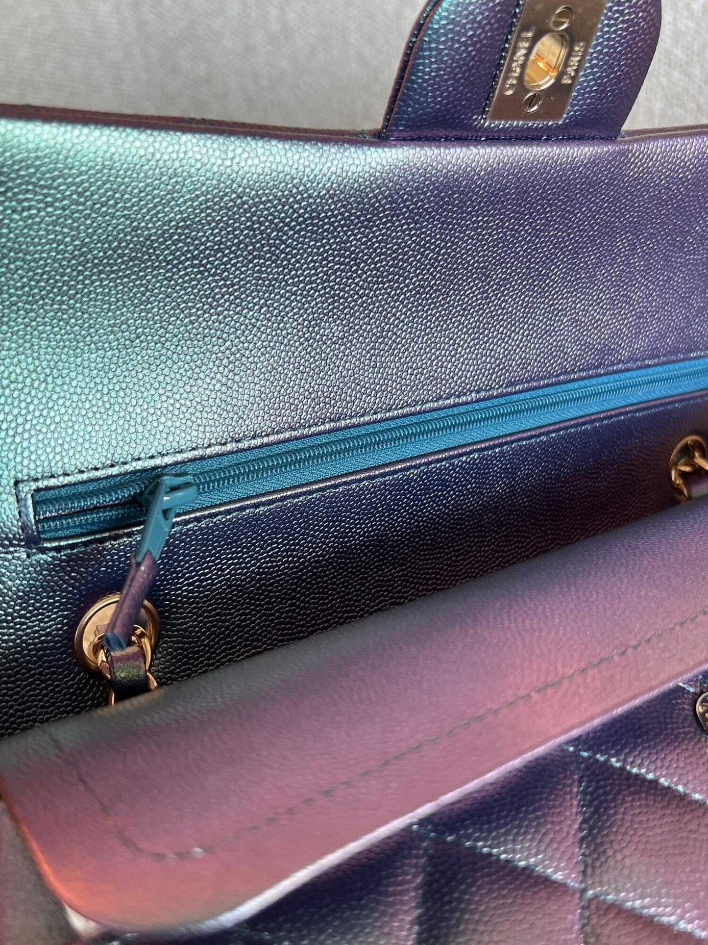 22P Iridescent Purple Caviar Quilted Medium Double Flap