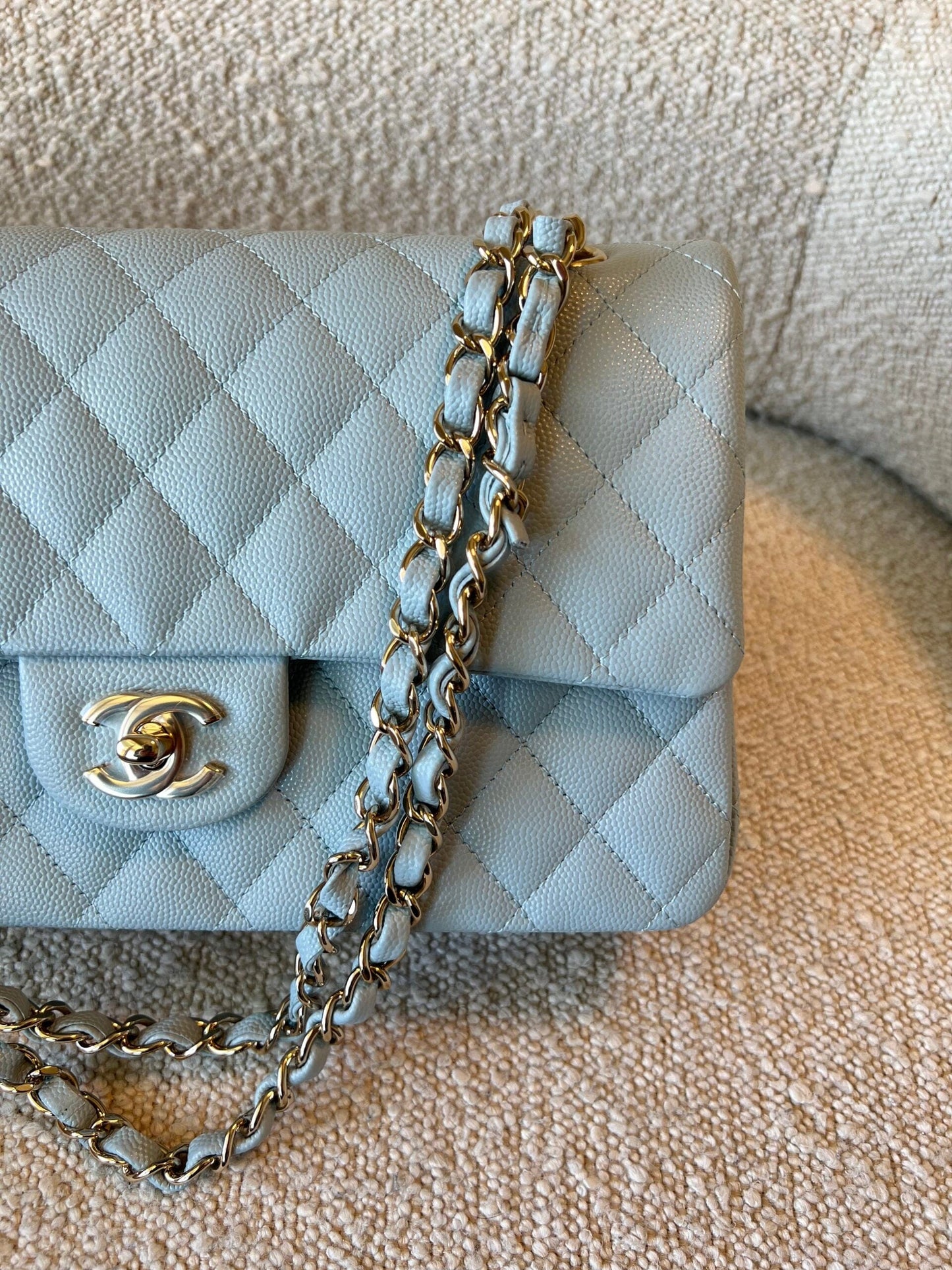22P Light Blue Caviar Quilted Classic Flap Medium LGHW