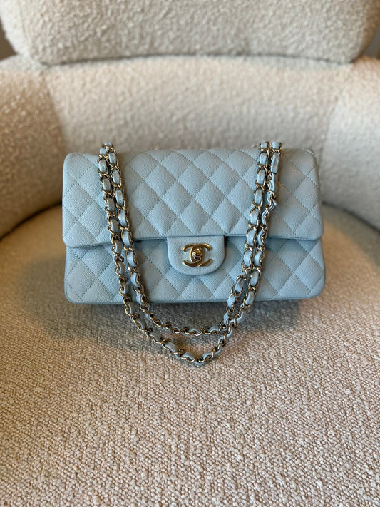 22P Light Blue Caviar Quilted Classic Flap Medium LGHW