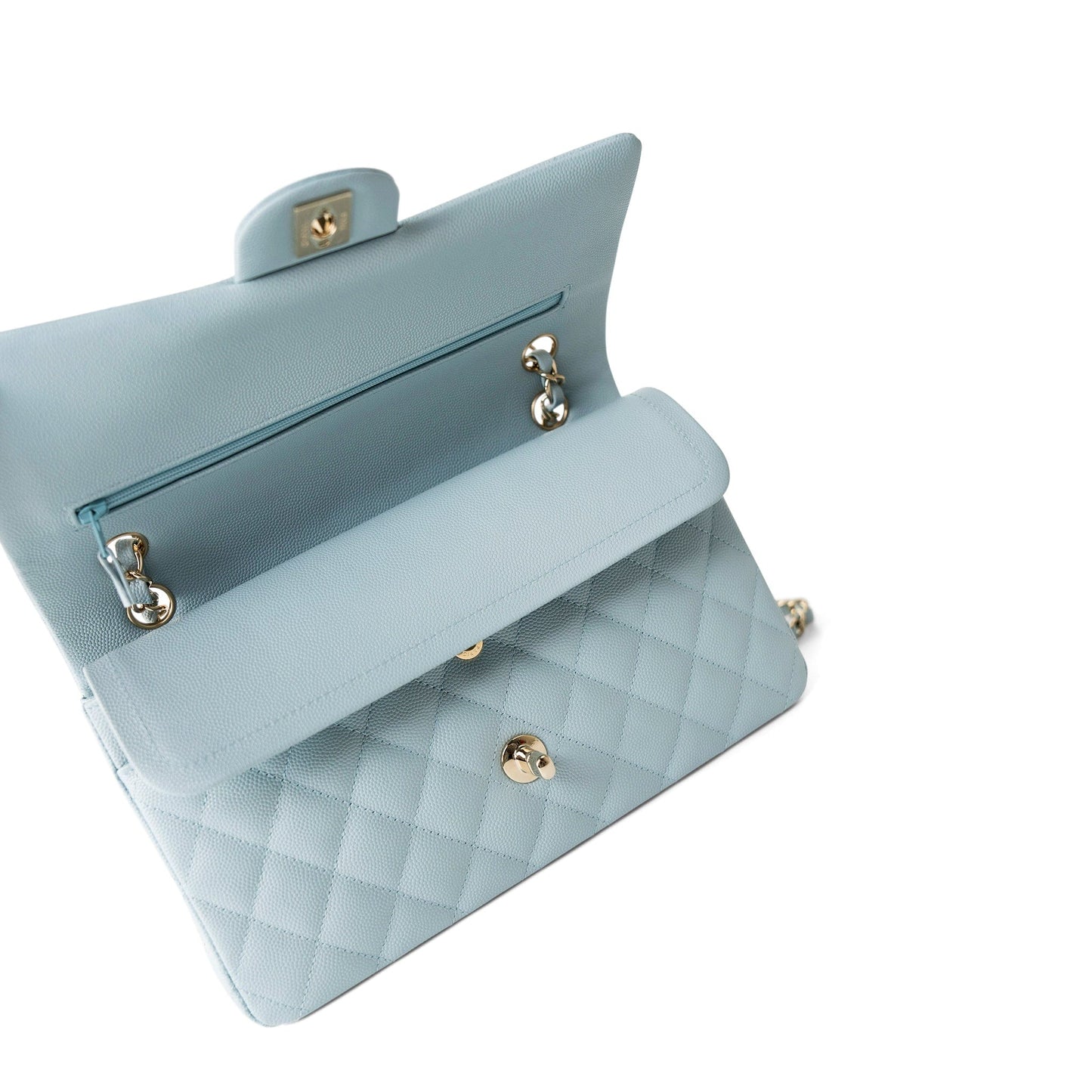 22P Light Blue Caviar Quilted Classic Flap Medium Light Gold Hardware