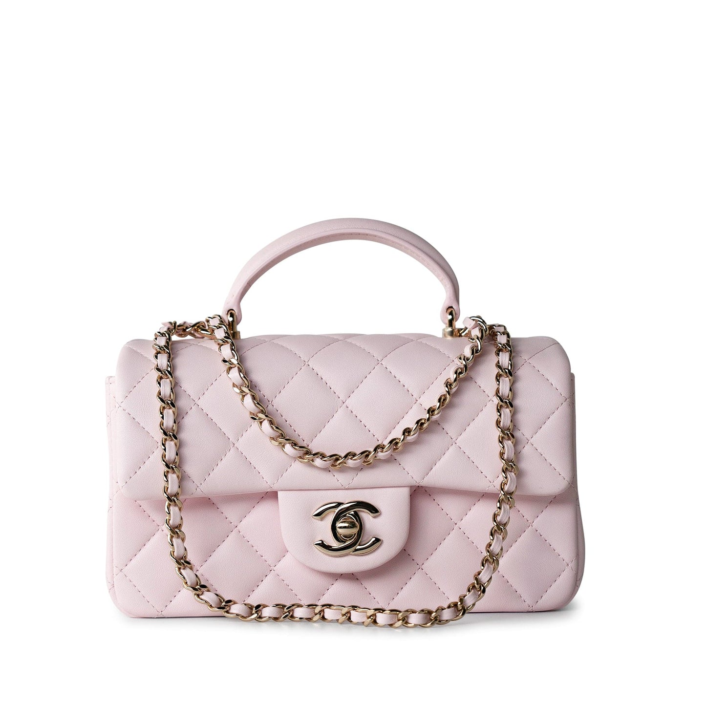 22P Light Pink Mini Top Handle Lambskin Quilted Light Gold Hardware
