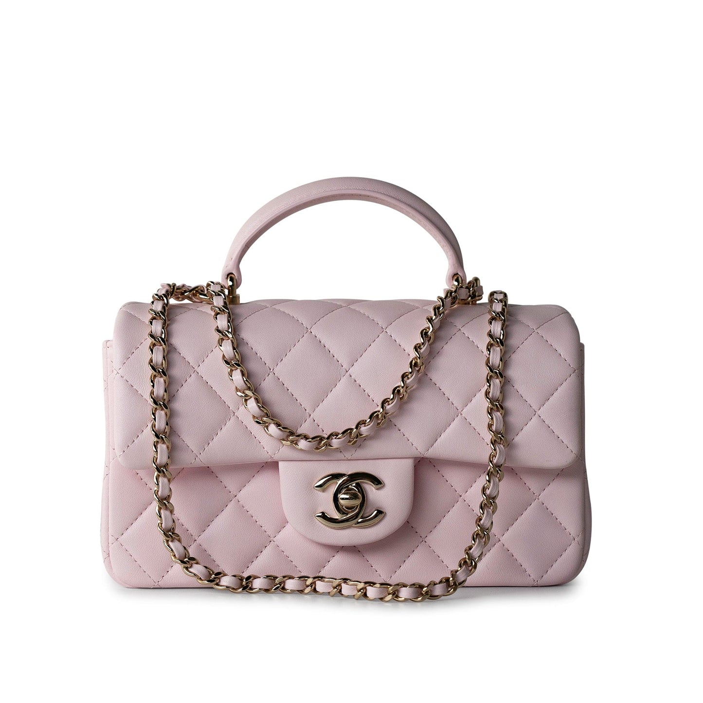 22P Light Pink Mini Top Handle Lambskin Quilted Light Gold Hardware