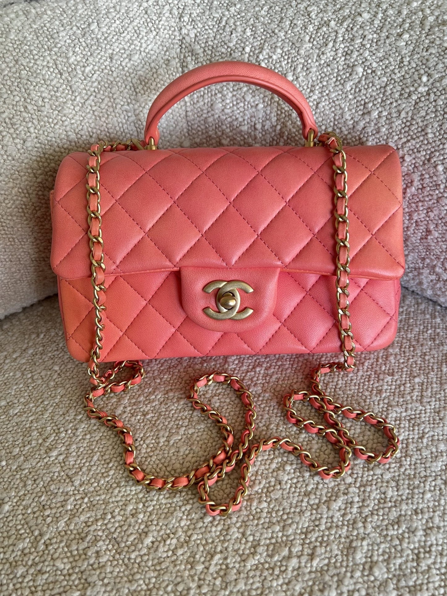 22P Pink/Orange Mini Lambskin Quilted with Top handle Rectangular LGHW