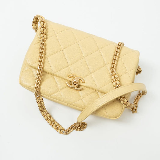 22P Shiny Yellow Caviar Quilted Small Chain Melody Flap