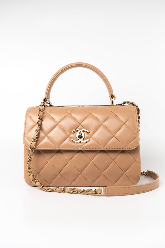 22S Beige / Light Caramel Lambskin Quilted Trendy CC Small Light Gold Hardware