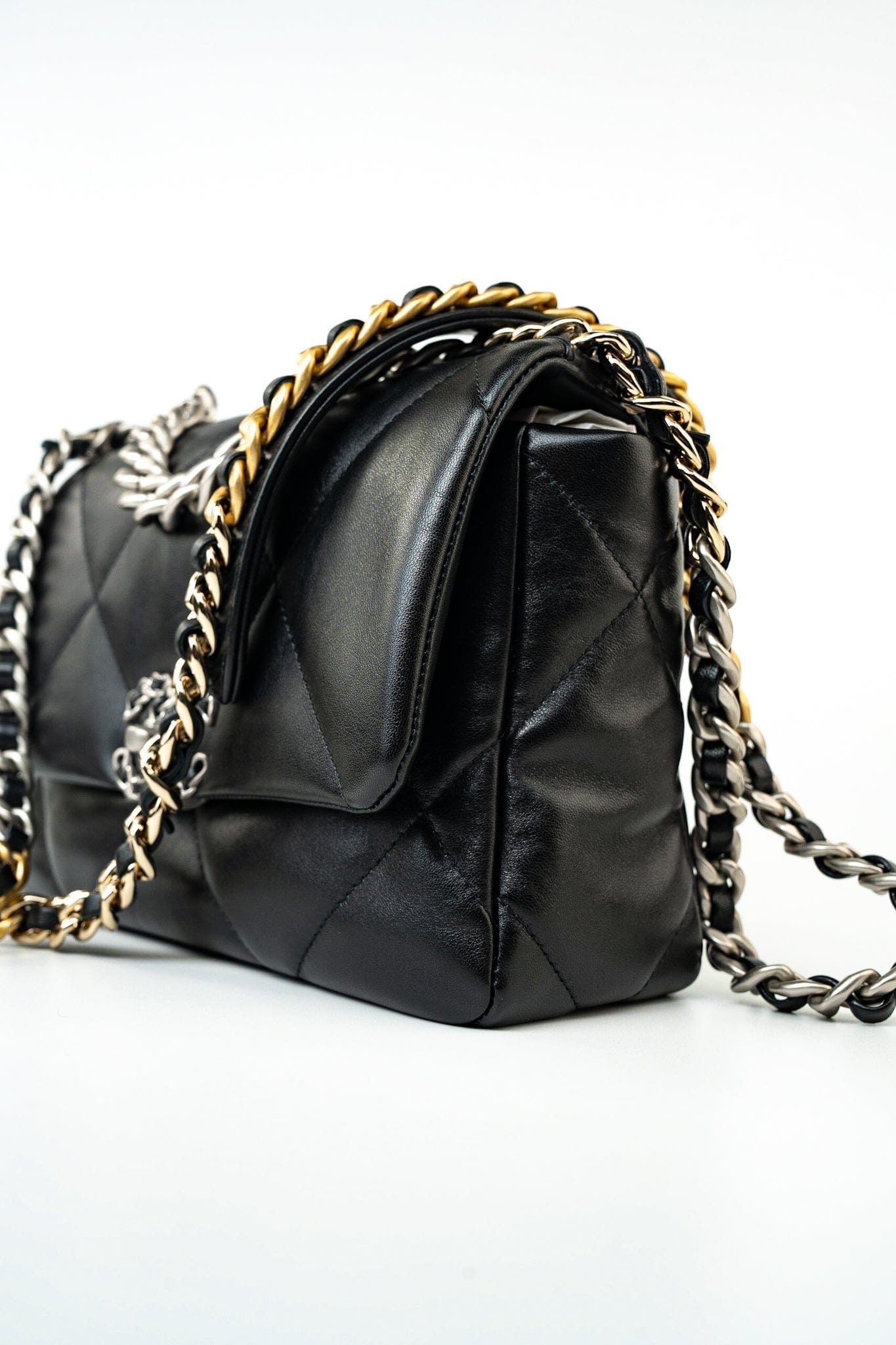 22S Black Lambskin Quilted 19 Flap Small Mixed Reverse Hardware