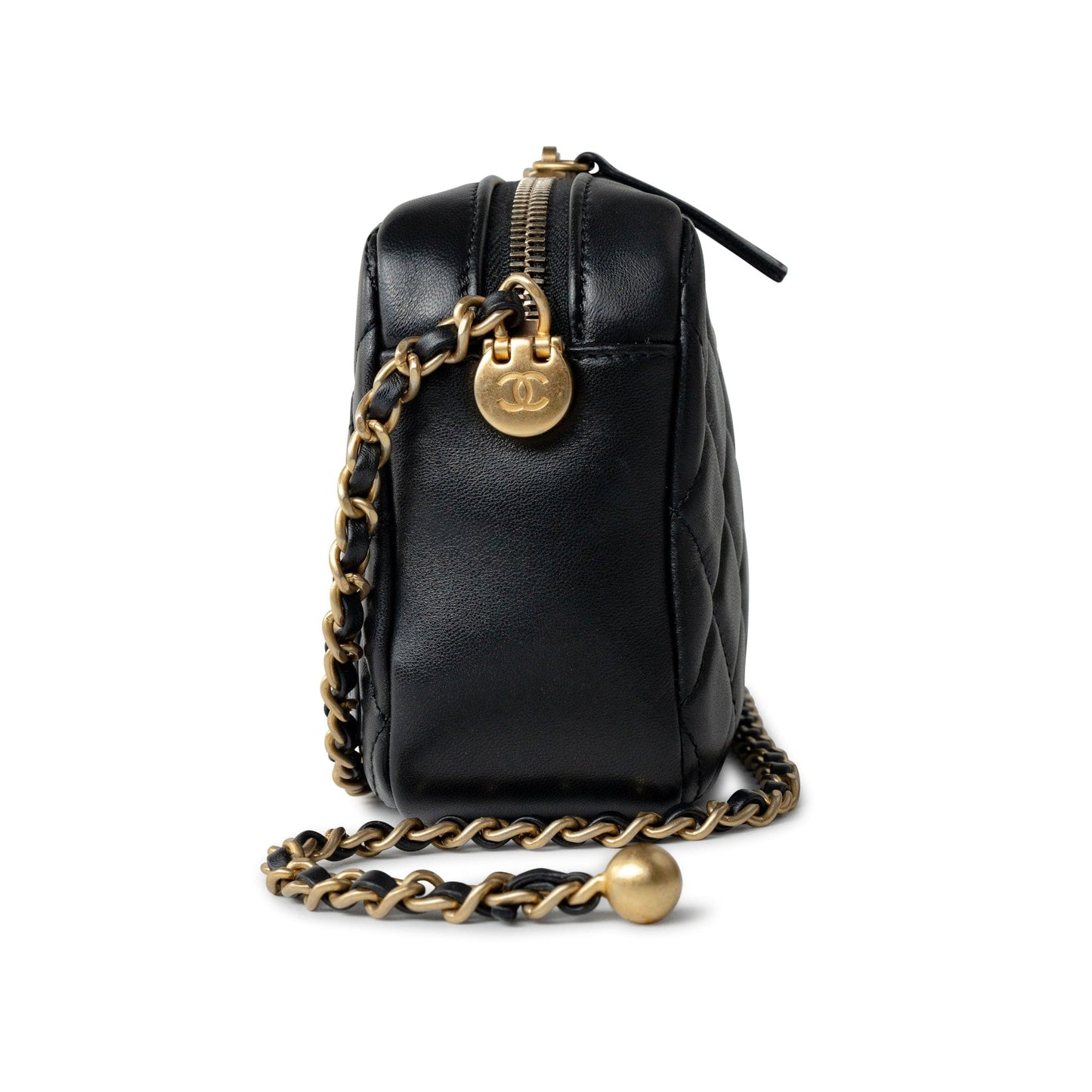 22S Black Lambskin Quilted Camera Case Aged Gold Hardware / Gold Interior