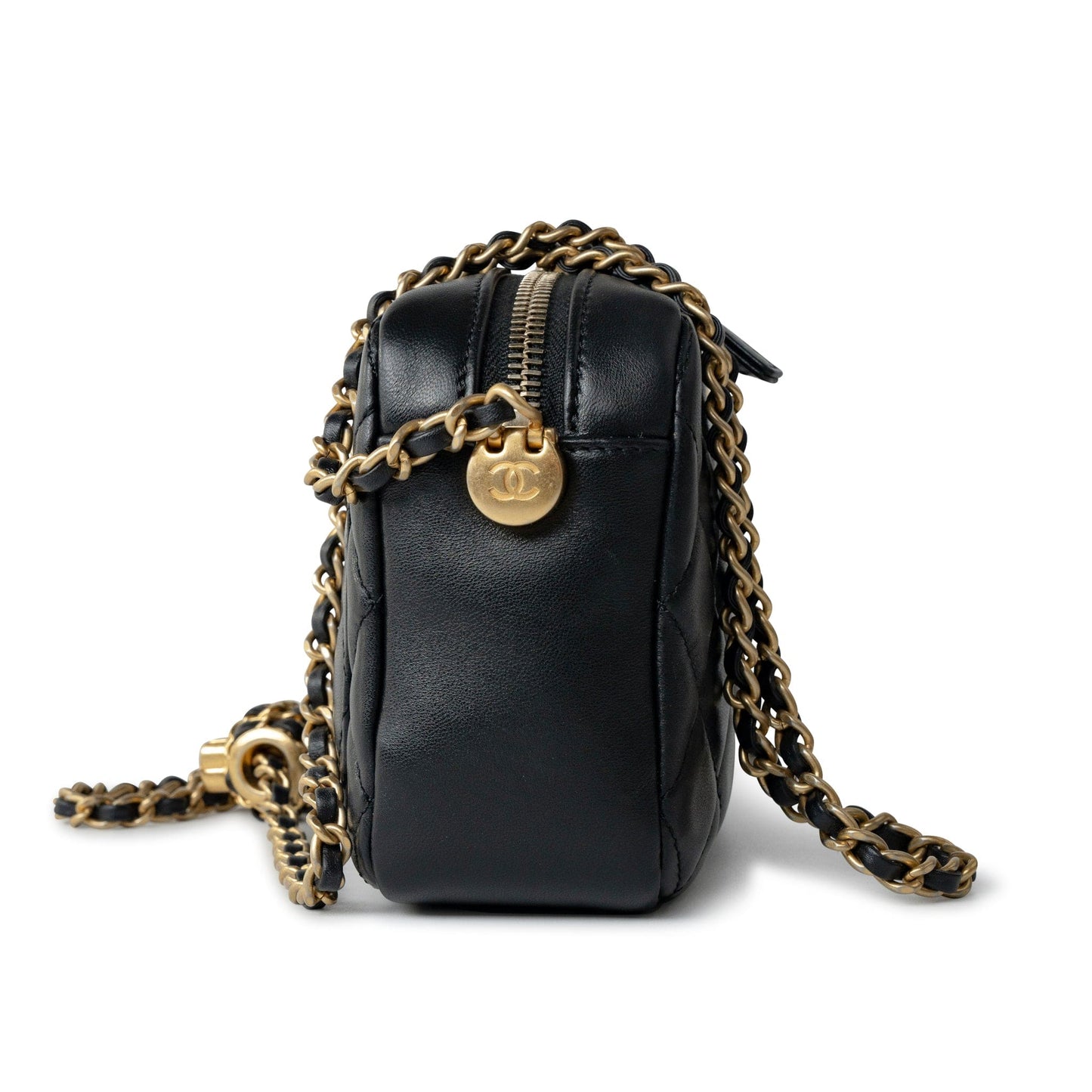 22S Black Lambskin Quilted Camera Case Aged Gold Hardware / Gold Interior