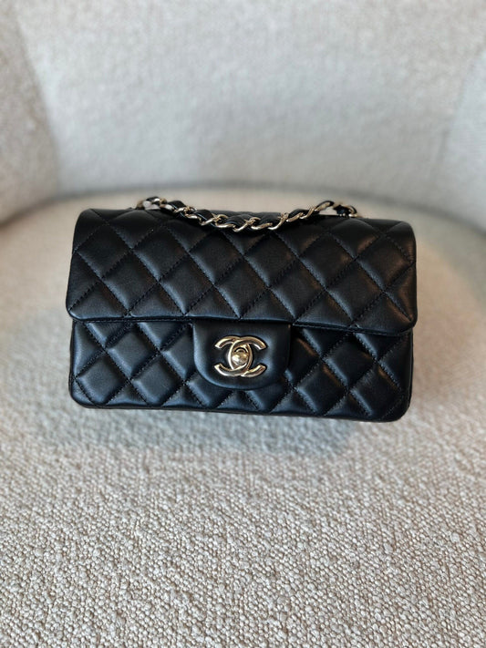 22S Black Lambskin Quilted Mini Rectangular Single Flap Light Gold Hardware