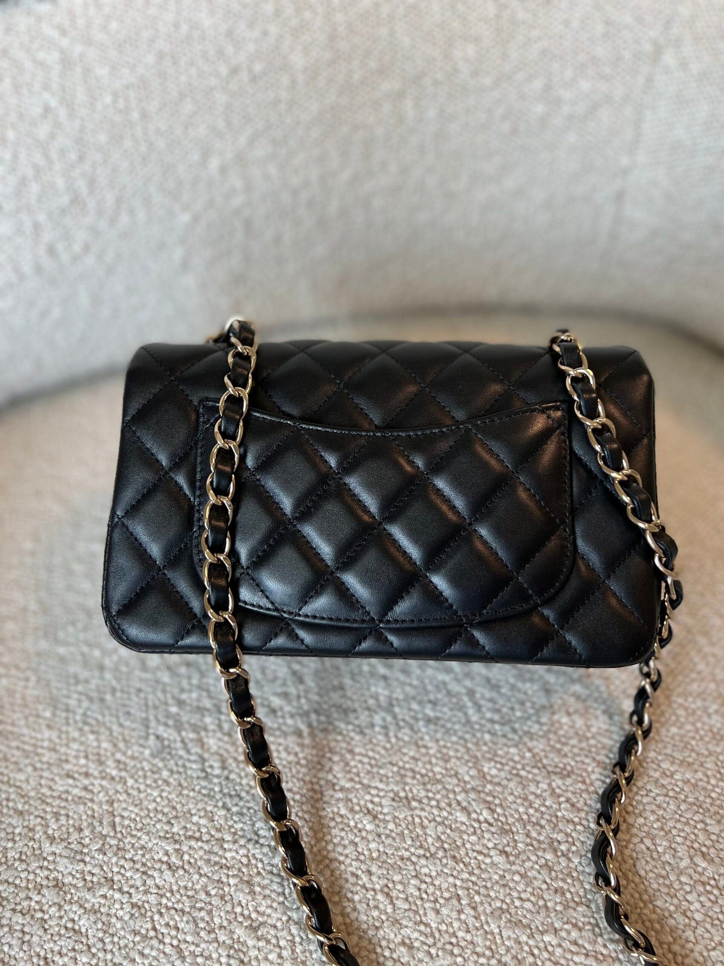 22S Black Lambskin Quilted Mini Rectangular Single Flap Light Gold Hardware