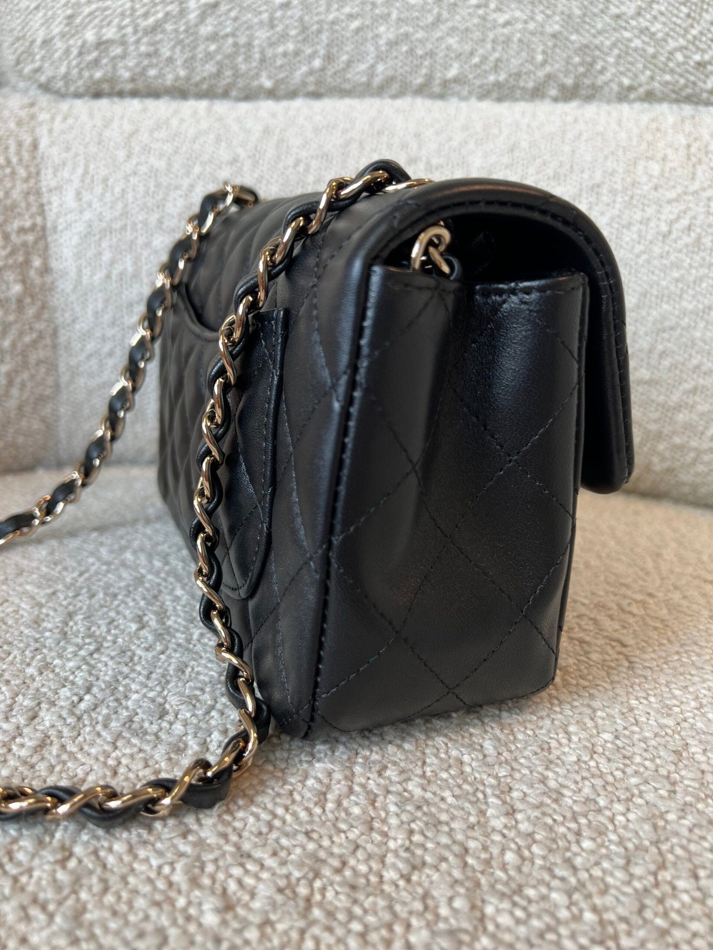 22S Black Lambskin Quilted Mini Rectangular Single Flap Light Gold Hardware