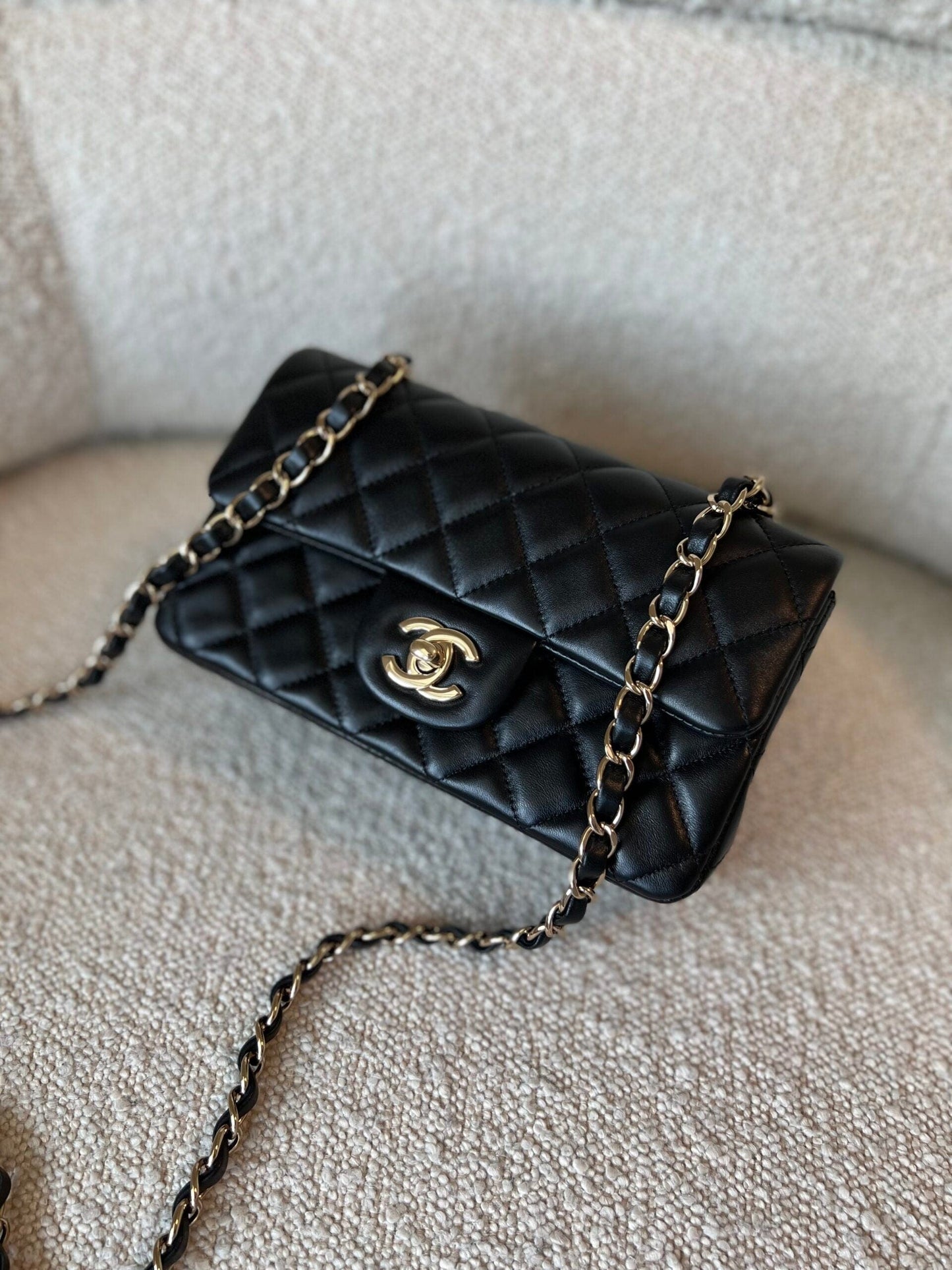 22S Black Lambskin Quilted Mini Rectangular Single Flap Light Gold Hardware
