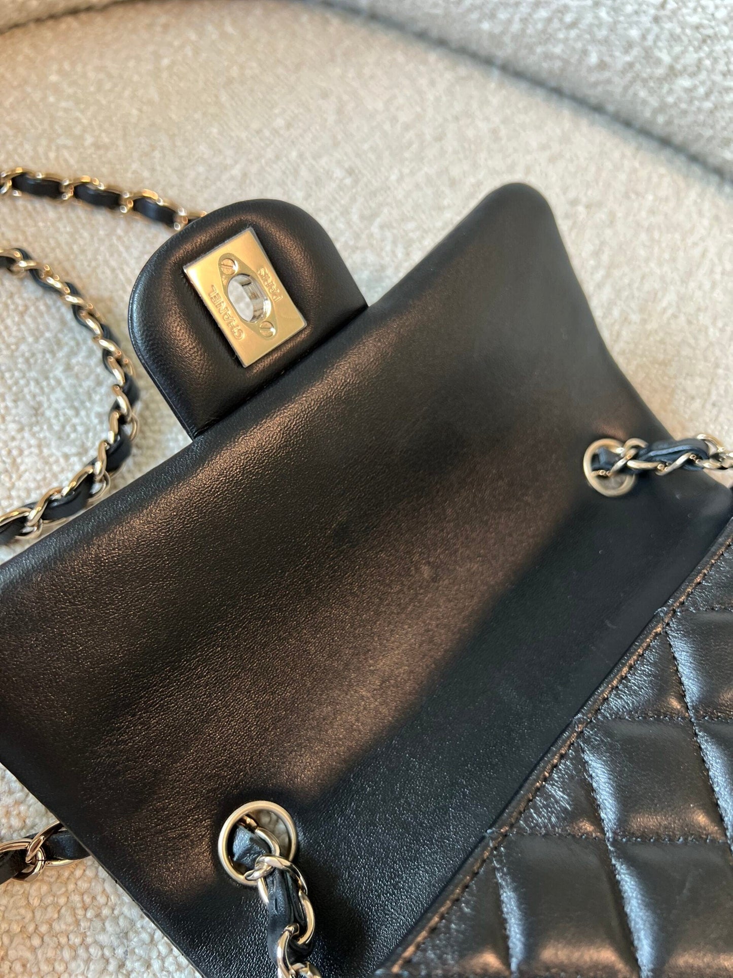 22S Black Lambskin Quilted Mini Rectangular Single Flap Light Gold Hardware