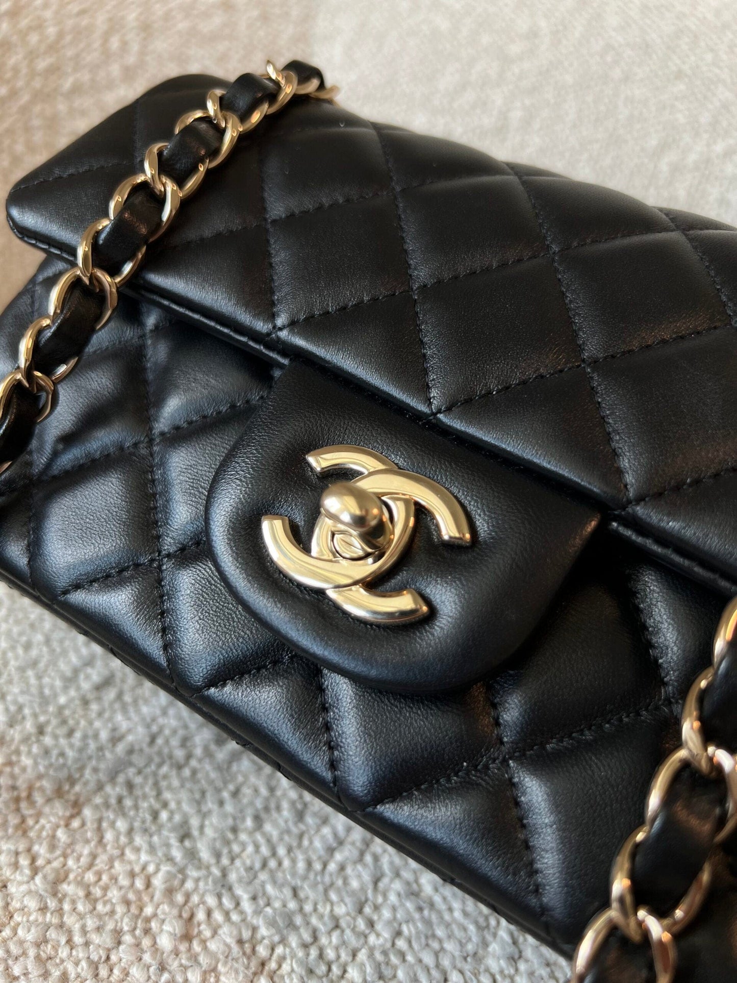 22S Black Lambskin Quilted Mini Rectangular Single Flap Light Gold Hardware