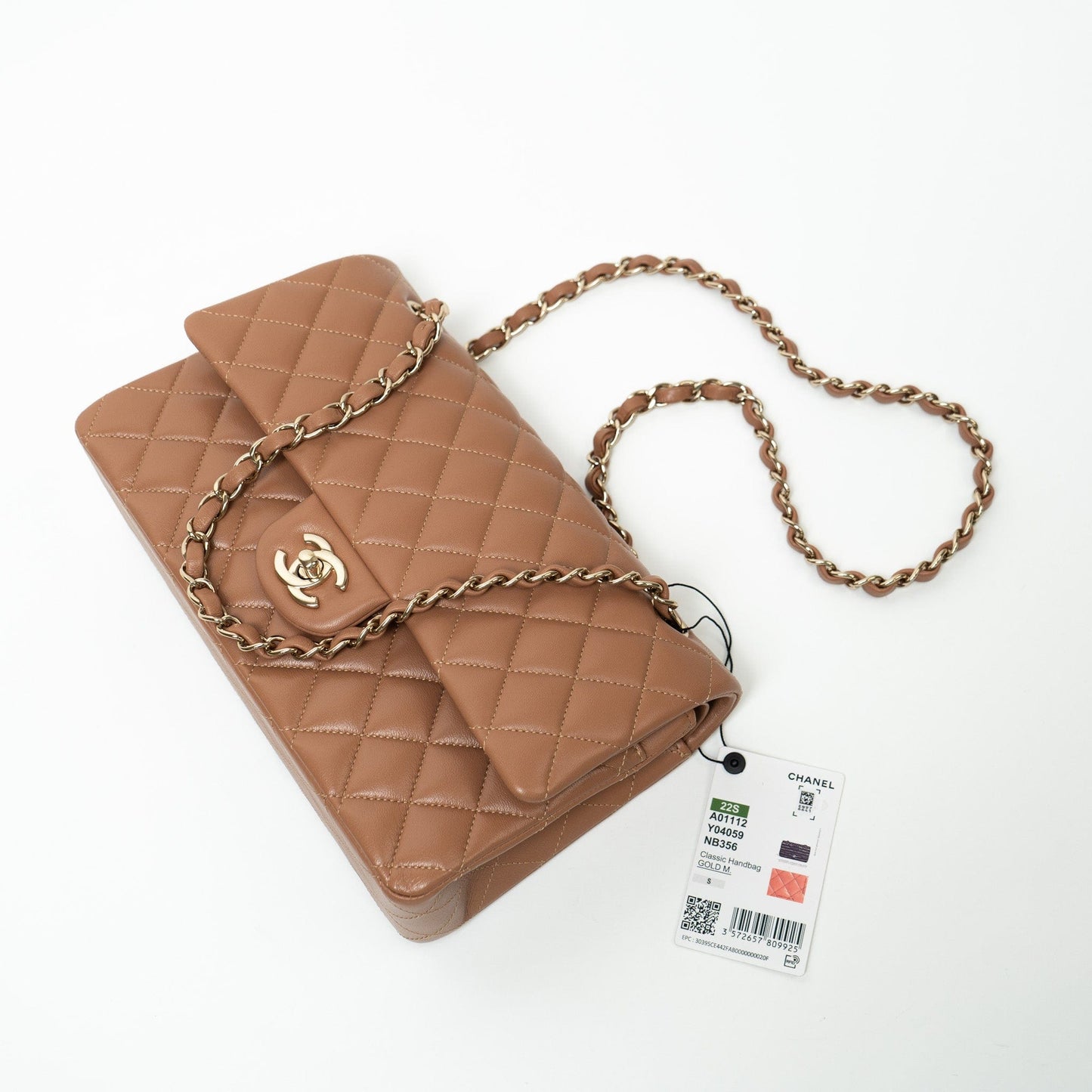 22S Caramel Lambskin Quilted Classic Flap Medium LGHW